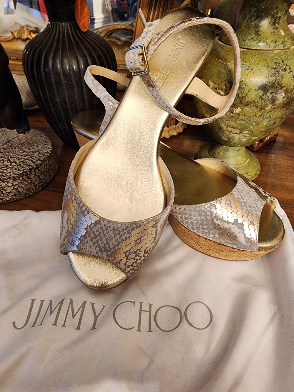 Jimmy Choo Gold and Silver Snakeskin Cork Wedge Sandals